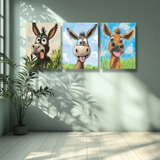 3pcs The donkey Art Painting  Metal Print Ready to Hang Art