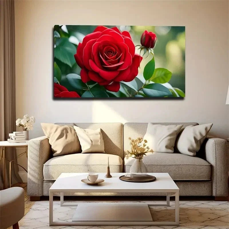 Blooming Deep Red Rose Wall Art Canvas Office Home Room Framed 80x45cm