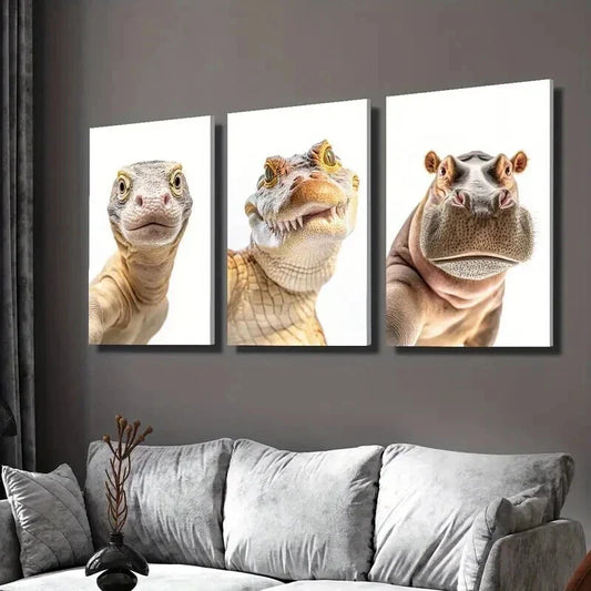 3pcs Giant Lizard Crocodile and Hippo Heads Wall Art Set Canvas Framed 40x60cm - High Quality Print 100% Australian Made Wall Canvas Ready to Hang
