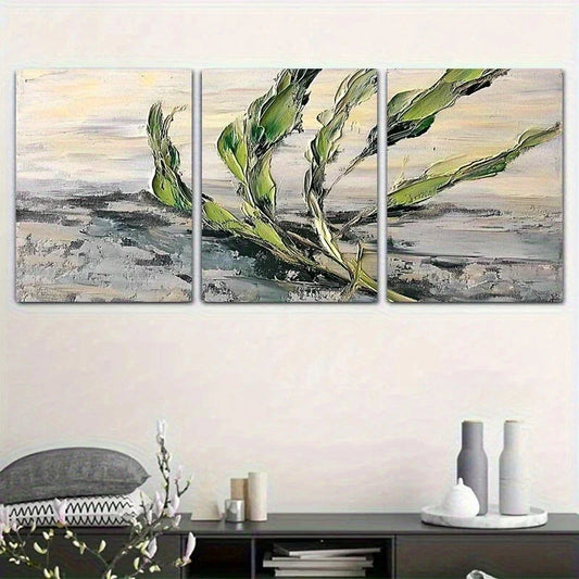 3pcs Abstract Green Plants Grey Metal Print Ready to Hang Art