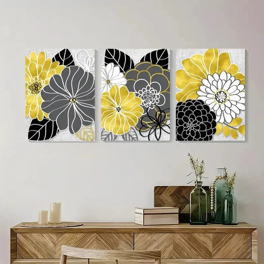 3pcs Black Golden Gray Abstract Floral Metal Print Ready to Hang Art