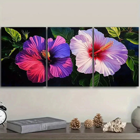 3pcs Hibiscus Flower Vibrant Pink & Purple Floral Metal Print Ready to Hang Art