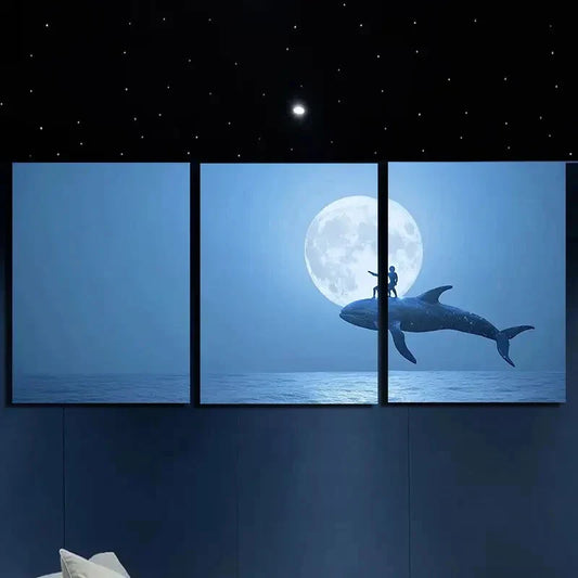 3pcs Astronaut Riding a whale Moon Blue Water Metal Print Ready to Hang Art