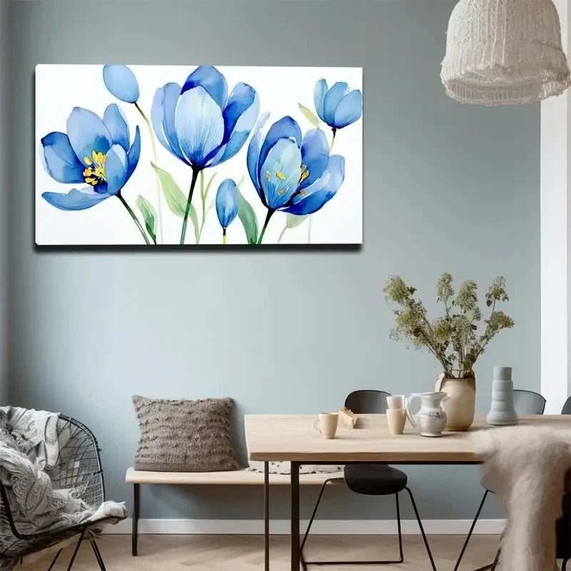 Light Blue Flowers Wall Art Canvas Office Home Room Framed 80x45cm