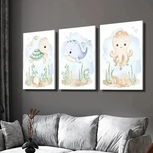 3pcs Undersea Nursery Turtle Whale & Octopus Wall Art Set Canvas Framed 40x60cm - High Quality Print 100% Australian Made Wall Canvas Ready to Hang