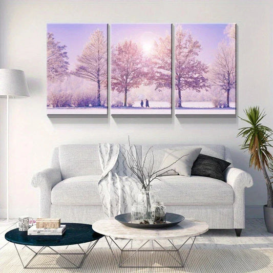 3pcs Light Purple Themed Tall Trees Sun Shine Metal Print Ready to Hang Art