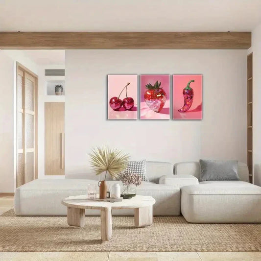 3pcs Tribute to Disco Ball Pepper Cherry Fruit Metal Print Ready to Hang Art