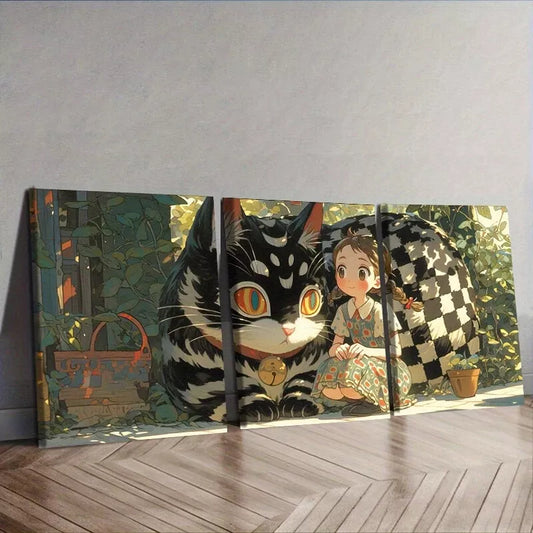 3pcs The Cat And The Girl Modern Art  Wall Art Set Canvas Framed 40x60cm - High Quality Print 100% Australian Made Wall Canvas Ready to Hang