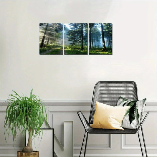 3pcs Green Trees Road Sunrise Foggy Metal Print Ready to Hang Art
