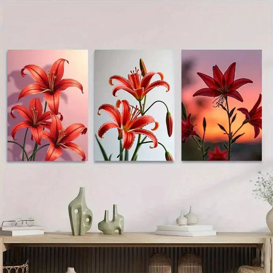 3pcs Red Lily Flower Triptych Vibrant Floral Metal Print Ready to Hang Art