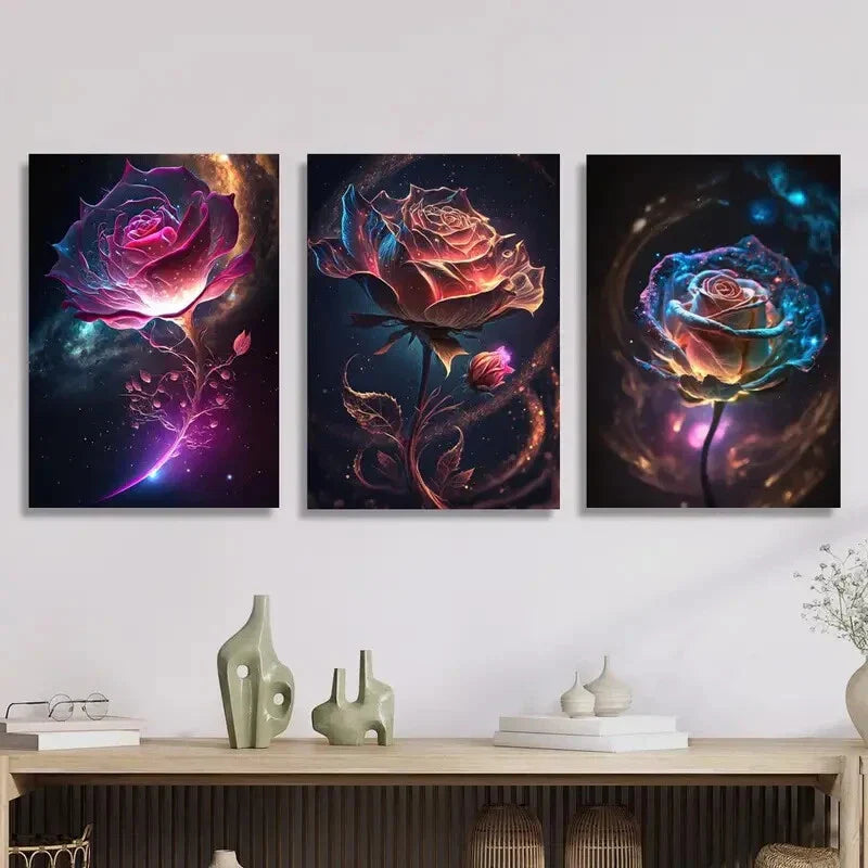 3pcs Roses made of underwater galaxy stars Metal Print Ready to Hang Art