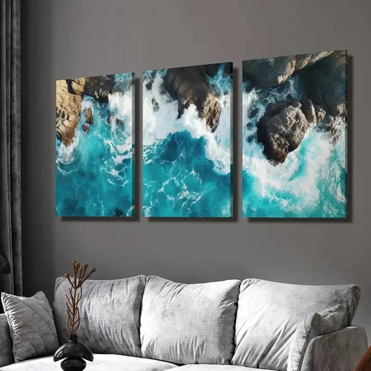 3pcs blue ocean, wave seaside scenery Wall Art Set Canvas Framed 40x60cm - High Quality Print 100% Australian Made Wall Canvas Ready to Hang