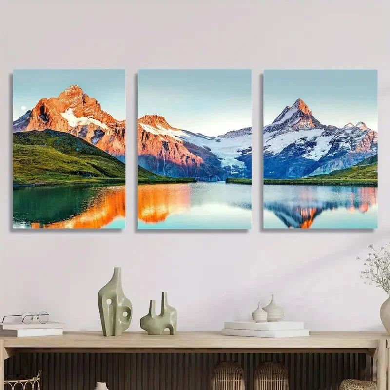3pcs Painting of Mountains, Lake, Snow, Sunset Metal Print Ready to Hang Art