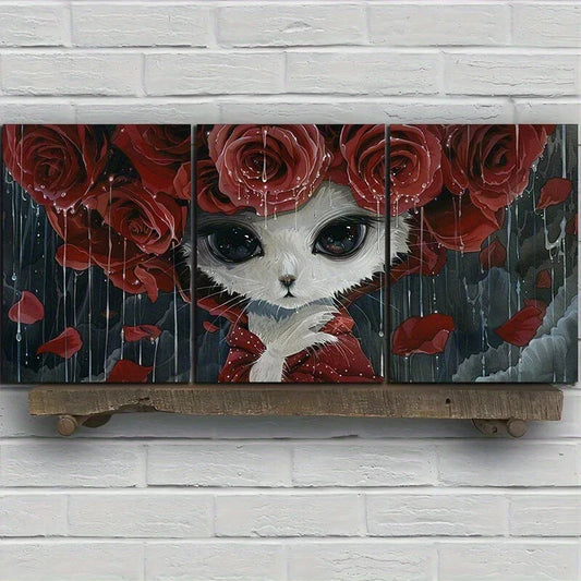 3pcs Whimsical Cat with Red Roses Metal Print Ready to Hang Art