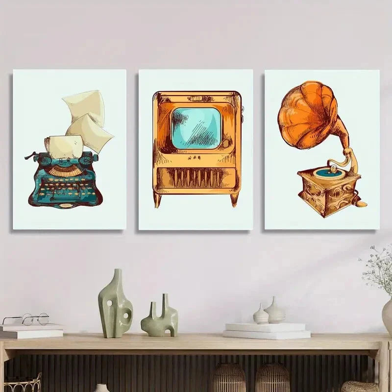 3pcs Old style printer, old TV and music machine Metal Print Ready to Hang Art