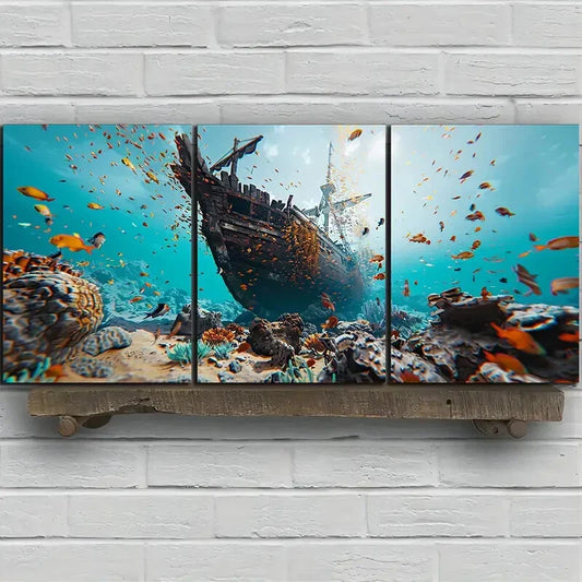 3pcs Underwater Shipwreck Nautical Ocean Life Metal Print Ready to Hang Art