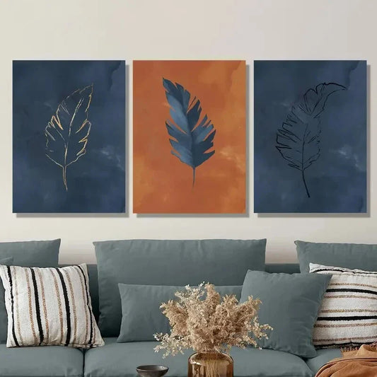 3pcs Blue and orange feather print Metal Print Ready to Hang Art