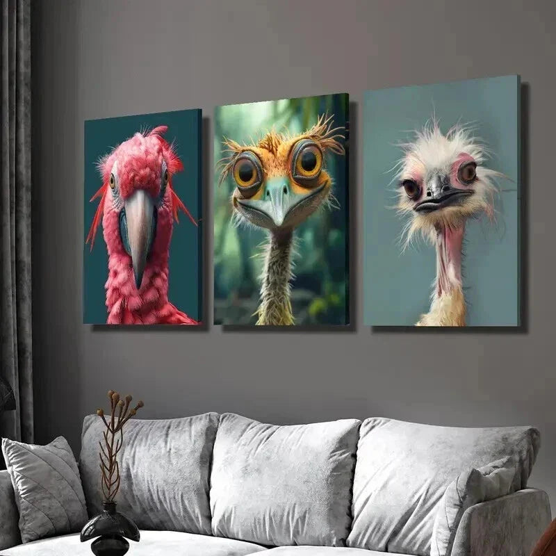 3pcs Adorable Fluffy Birds Parrots & Ostriches Wall Art Set Canvas Framed 40x60cm - High Quality Print 100% Australian Made Wall Canvas Ready to Hang