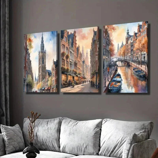 3pcs Autumn Streets of Amsterdam Landscape Wall Art Set Canvas Framed 40x60cm - High Quality Print 100% Australian Made Wall Canvas Ready to Hang