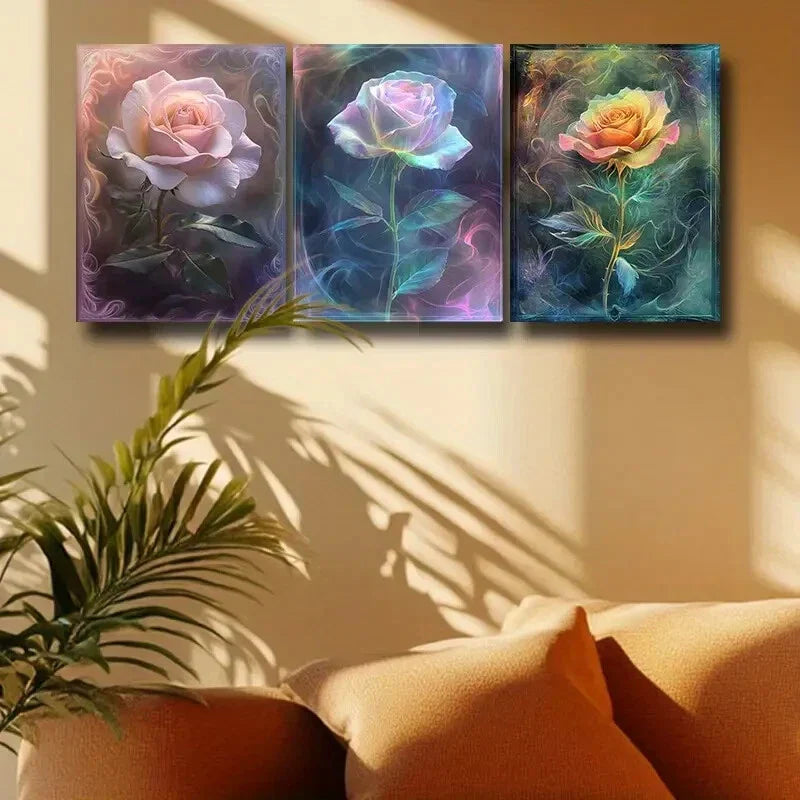 3pcs Magical Roses Design Metal Print Ready to Hang Art