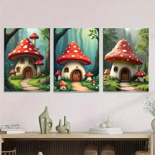 3pcs Mushroom House Triptych Forest Vibrant Wall Art Set Canvas Framed 40x60cm - High Quality Print 100% Australian Made Wall Canvas Ready to Hang