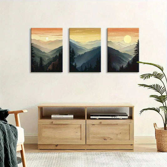 3pcs Boho Mountain Forest Sunrise Metal Print Ready to Hang Art