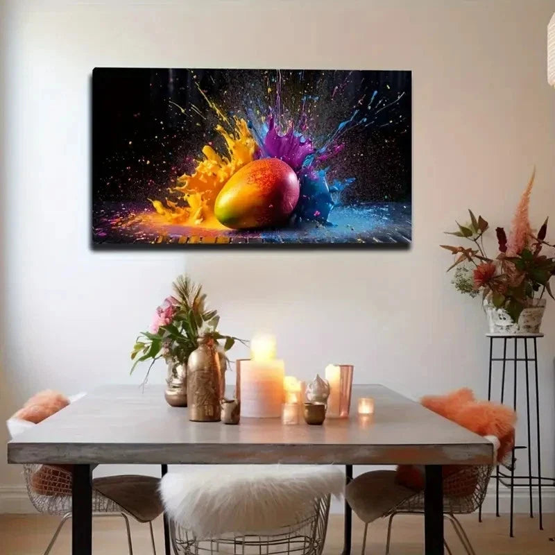 Vibrant Mango & Paint Splatter Wall Art Canvas Office Home Room Framed 120x60cm