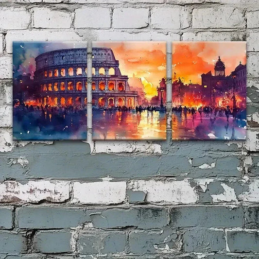 3pcs Vibrant Watercolor Colosseum Sunset Scene Wall Art Set Canvas Framed 40x60cm - High Quality Print 100% Australian Made Wall Canvas Ready to Hang