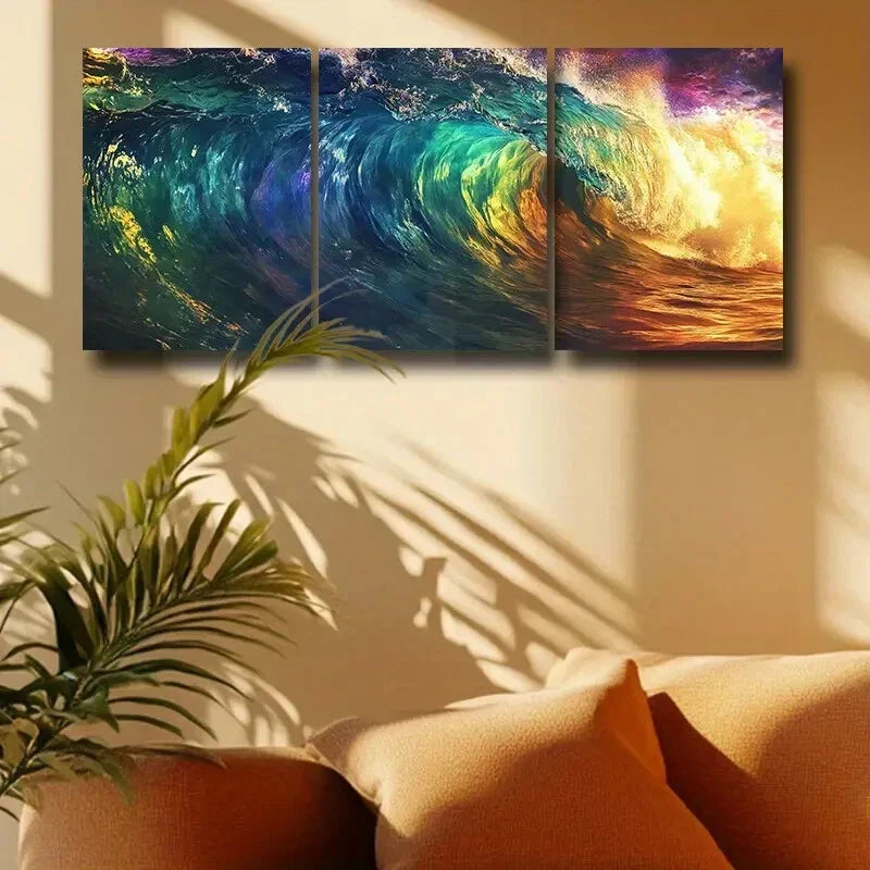 3pcs Modern Vibrant Abstract Ocean Waves Metal Print Ready to Hang Art