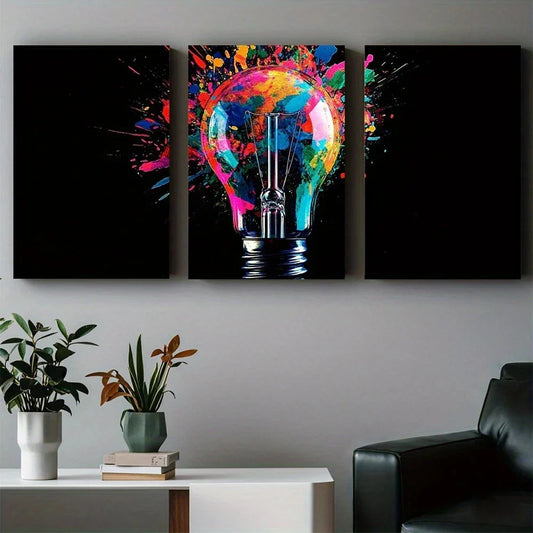 3pcs Abstract Painting Depicting a Light Bulb Metal Print Ready to Hang Art