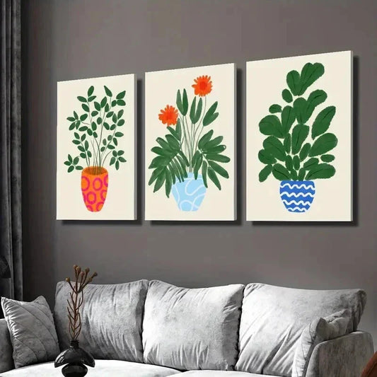 3pcs Tropical Plant Illustrations in Pots Wall Art Set Canvas Framed 40x60cm - High Quality Print 100% Australian Made Wall Canvas Ready to Hang