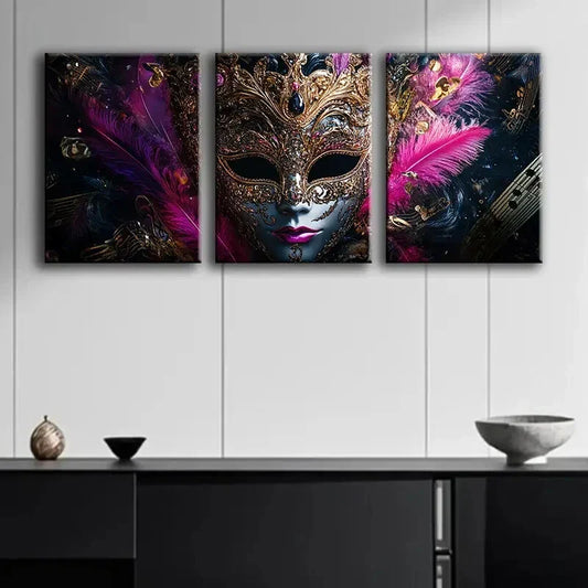 3pcs Gorgeous Venetian Masks Dark Perfect Wall Art Set Canvas Framed 40x60cm - High Quality Print 100% Australian Made Wall Canvas Ready to Hang
