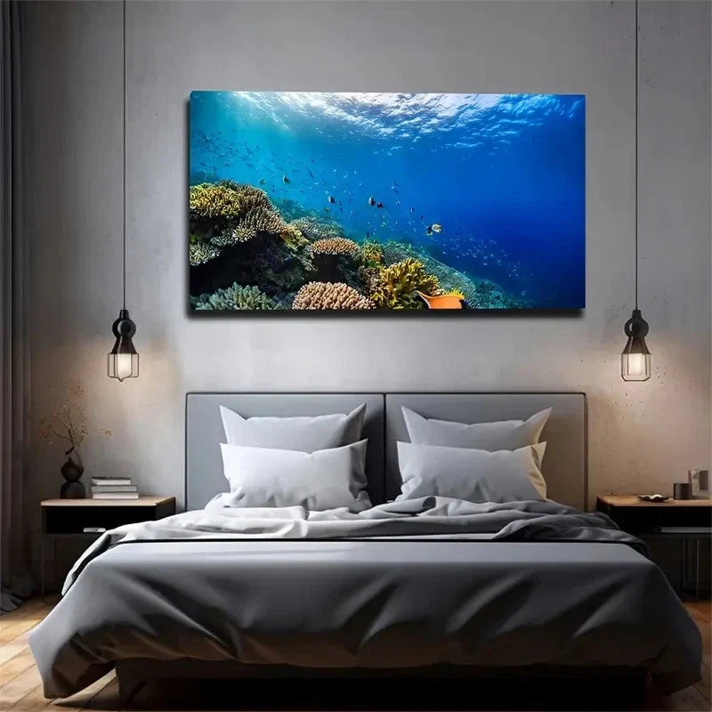 Blue Ocean Scene Wall Art Canvas Office Home Room Framed 80x45cm