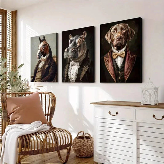 3pcs Whimsical Animals in Vintage Attire Wall Art Set Canvas Framed 40x60cm - High Quality Print 100% Australian Made Wall Canvas Ready to Hang