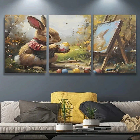 3pcs Cutest Bunny In Forest Holding Egg On Hands Metal Print Ready to Hang Art