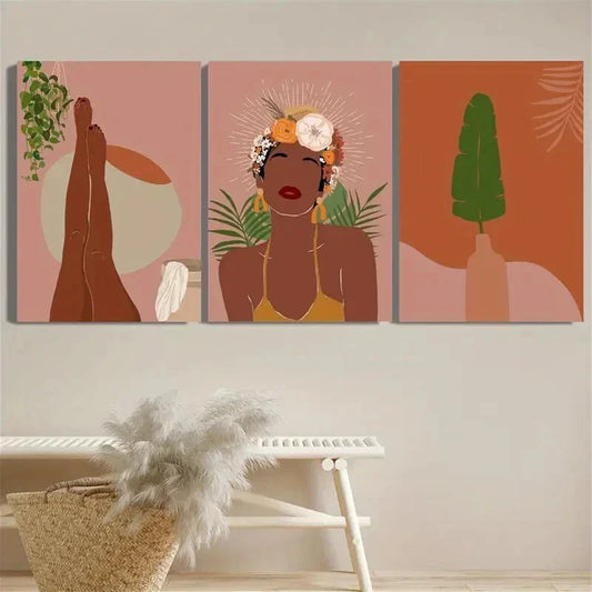 3pcs Plant Leaves Illustration, African Woman Metal Print Ready to Hang Art