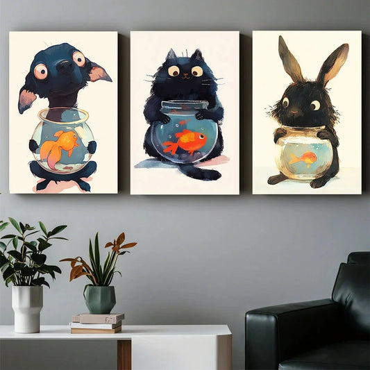 3pcs Whimsical Animal & Fish Tank Vibrant Playful Metal Print Ready to Hang Art