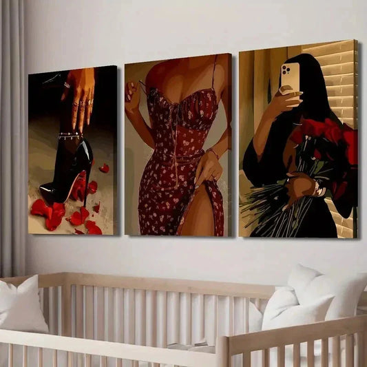 3pcs Black Woman in Floral Dress Wall Art Set Canvas Framed 40x60cm - High Quality Print 100% Australian Made Wall Canvas Ready to Hang