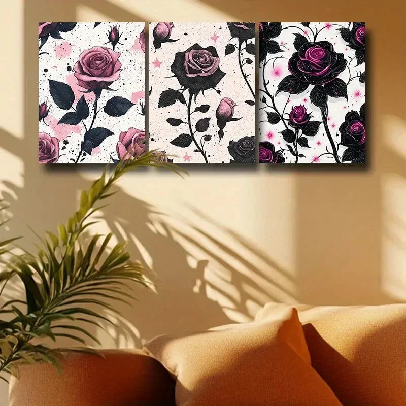 3pcs Modern Black and Pink Roses Design Metal Print Ready to Hang Art
