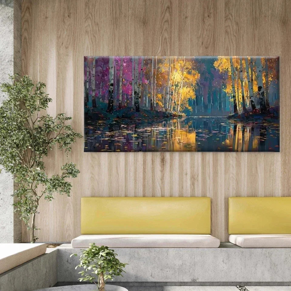 Autumnal Forest with Golden TreeWall Art Canvas Office Home Room Framed 80x45cm