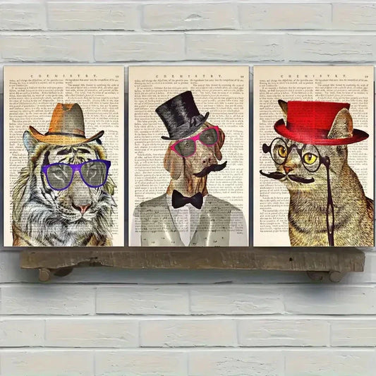 3pcs Humorous Animal Portraits with Glasses & Hats Metal Print Ready to Hang Art