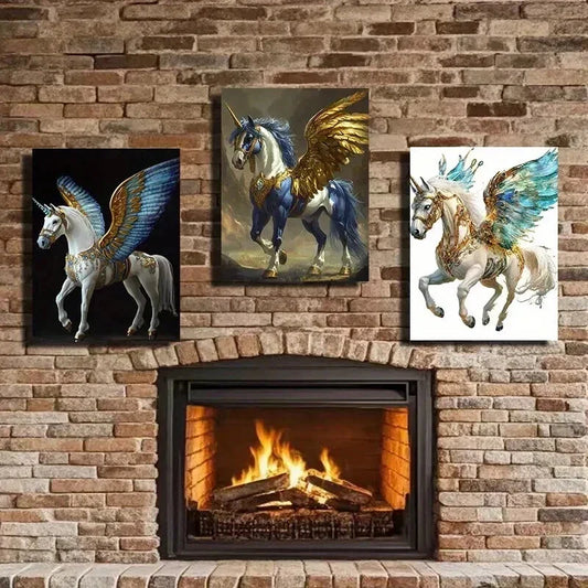 3pcs Golden Winged Horse Triptych Wall Art Set Canvas Framed 40x60cm - High Quality Print 100% Australian Made Wall Canvas Ready to Hang