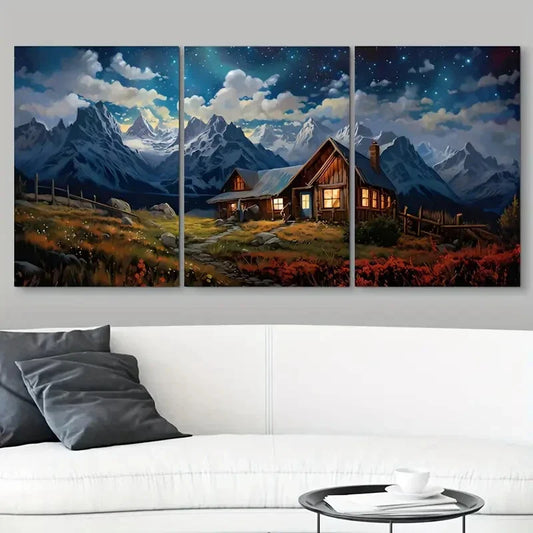 3pcs Blue Sky Mountain Beautiful House Metal Print Ready to Hang Art