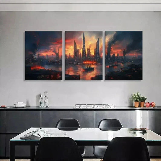 3pcs Skyscrapers and Burning Waters Prefect Wall Art Set Canvas Framed 40x60cm - High Quality Print 100% Australian Made Wall Canvas Ready to Hang