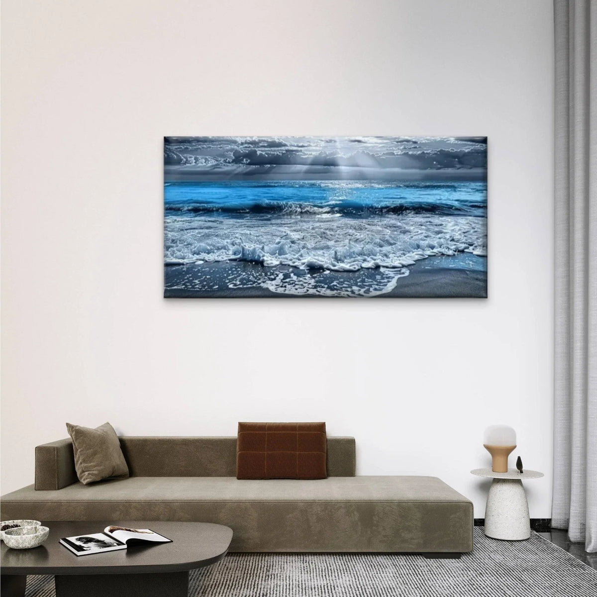 Beach Waves Sand Blue Wall Art Canvas Office Home Room Framed 80x45cm