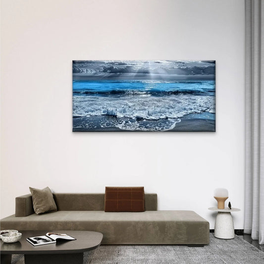 Beach Waves Sand Blue Wall Art Canvas Office Home Room Framed 80x45cm