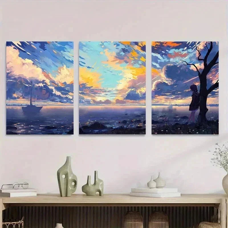 3pcs Beautiful Sunset Seascape Blue Sky & Ocean Wall Art Set Canvas Framed 40x60cm - High Quality Print 100% Australian Made Wall Canvas Ready to Hang