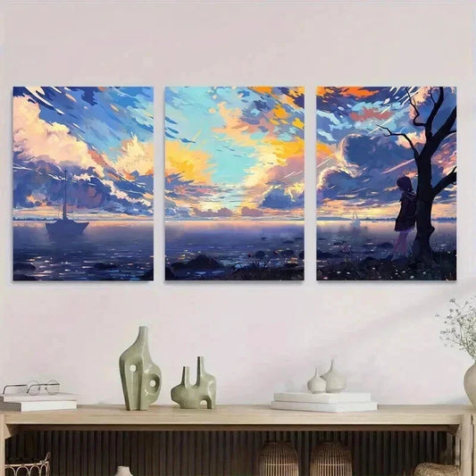 3pcs Beautiful Sunset Seascape Blue Sky & Ocean Wall Art Set Canvas Framed 40x60cm - High Quality Print 100% Australian Made Wall Canvas Ready to Hang