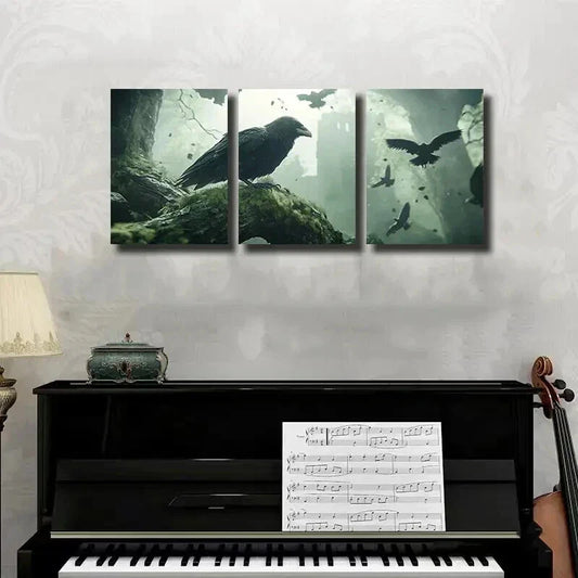 3pcs A Raven Perched on a Mossy Branch Wall Art Set Canvas Framed 40x60cm - High Quality Print 100% Australian Made Wall Canvas Ready to Hang