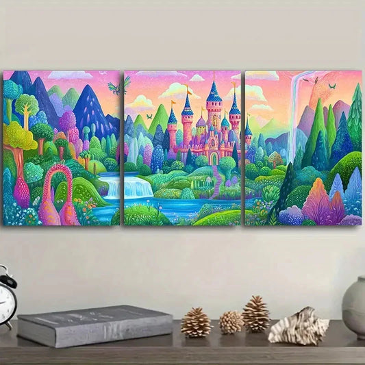 3pcs Charming old castle Art Painting Metal Print Ready to Hang Art